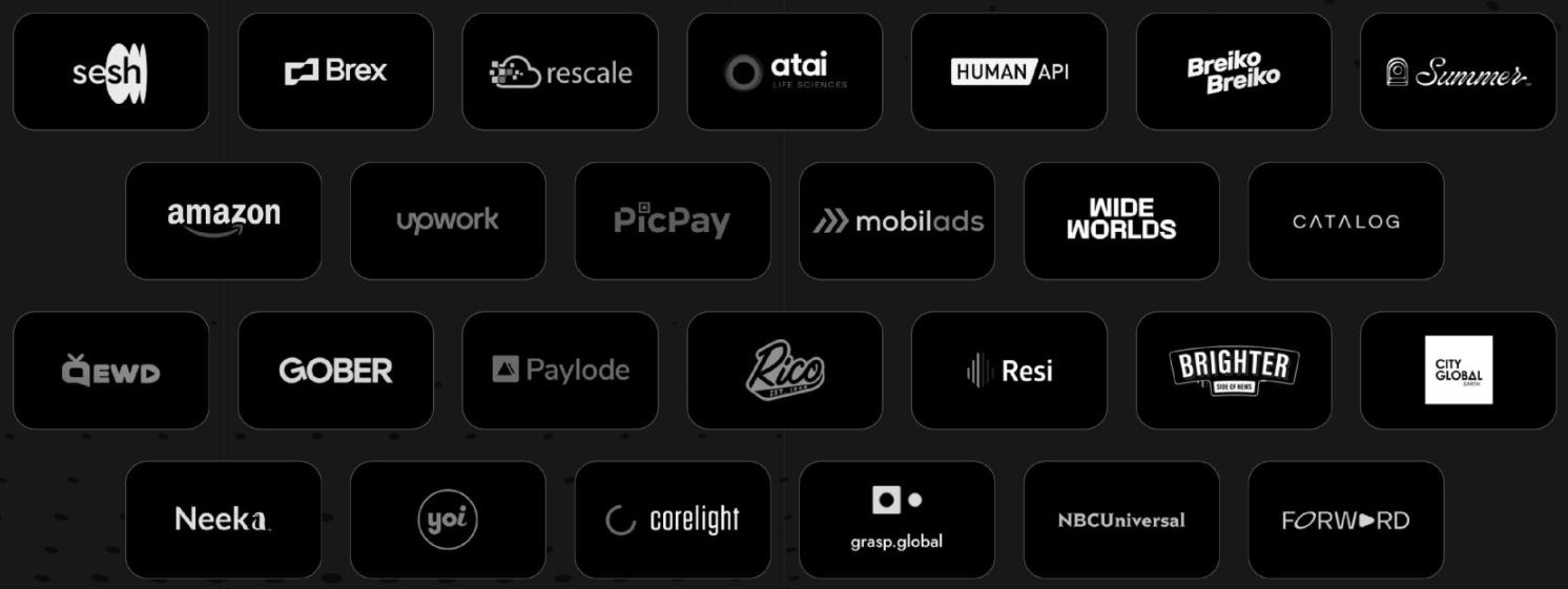 Clients include Brex, Amazon, Upwork, PicPay, NBCUniversal, Corelight, Neeka and others